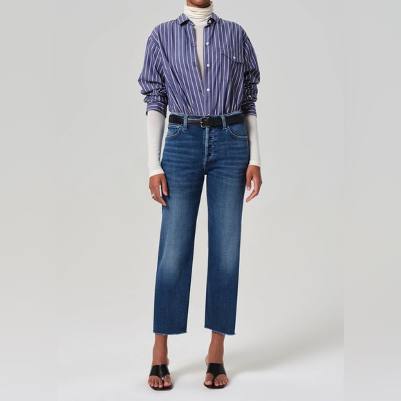 Citizens of Humanity Medium Wash Ambry Palma Straight Leg Jeans Raw Hem Cropped - Picture 2 of 15